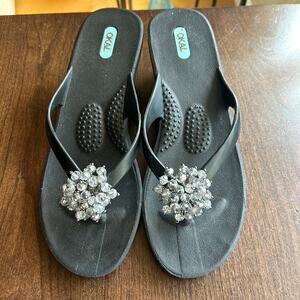 OkaB Flip Flop Jeweled Rhinestone Accent Brown Wedge Slide Sandals Size M/L